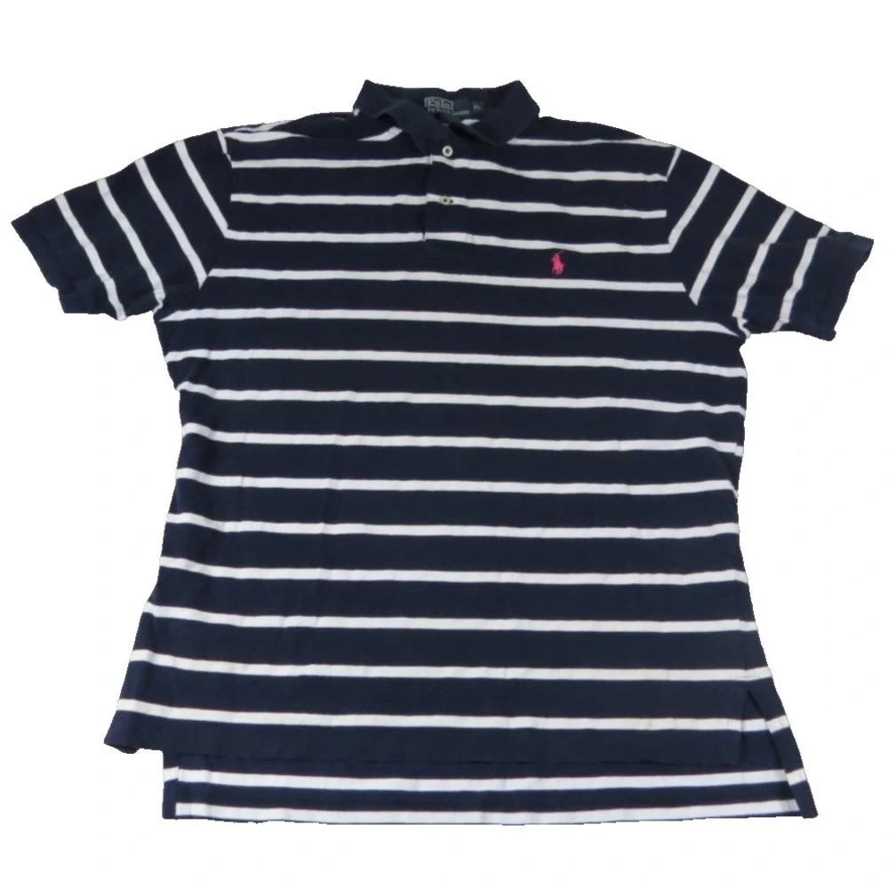Polo Ralph Lauren Shirt Men XL Blue White Striped Cotton Pique Short Sleeve Pony